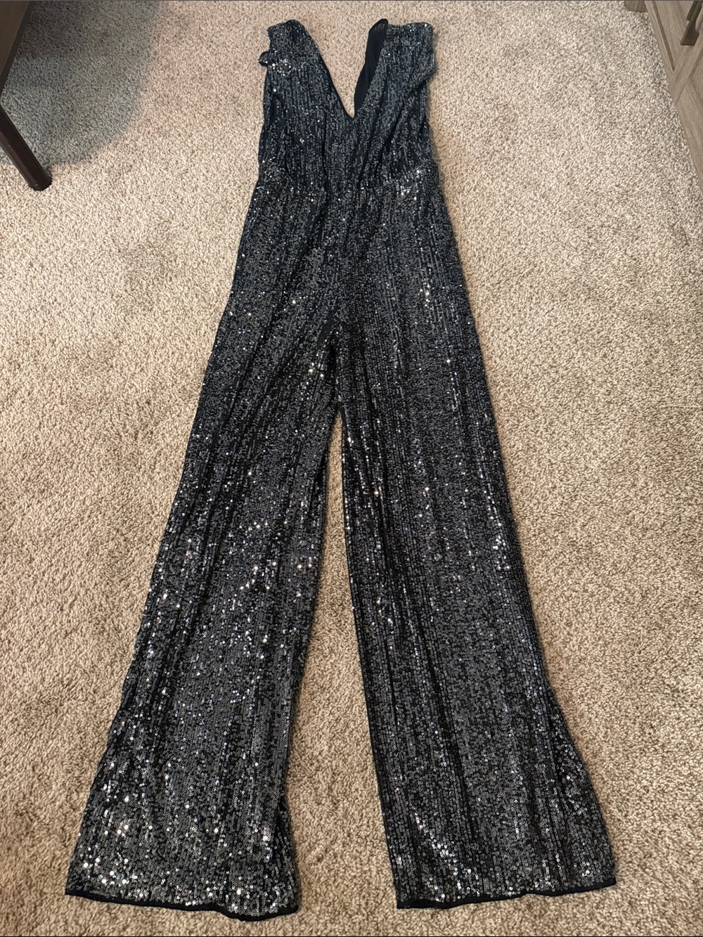 BCBGMaxAzria Black Sequin V-Neck Wide-Leg Jumpsuit